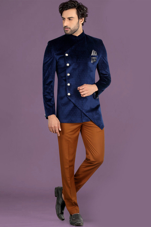 Velvet Navy Blue Printed Asymmetrical Jodhpuri Men's Coat Pant