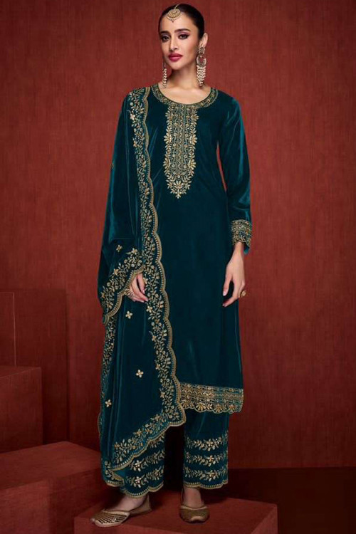 Velvet Prussian Blue Zari Embroidered Straight Pant Suit