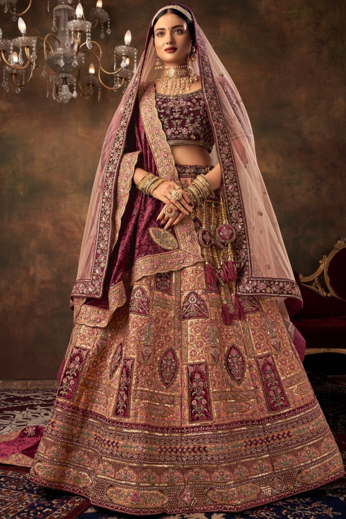 Velvet Salmon Peach Panelled Embroidered Lehenga