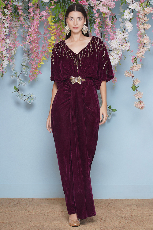 Velvet Wine Maroon Cocktail Gown With Cutdana Work