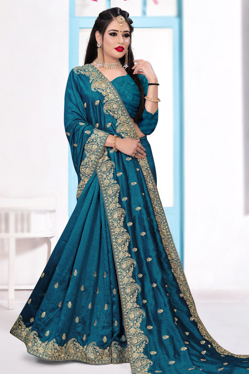 Vichitra Silk Teal blue Zari Embroidered Light Weight Saree 