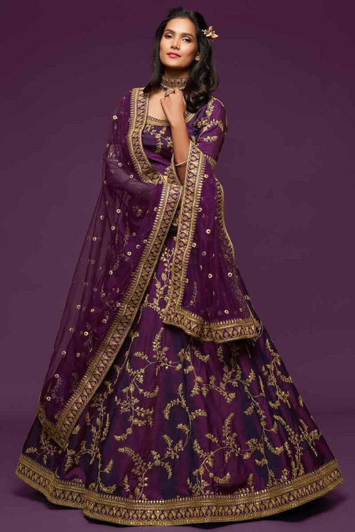 Violet Purple Art Silk A-Line Wedding Wear Lehenga