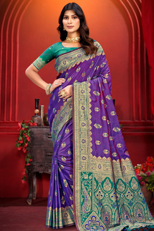 Violet Purple Art Silk Broad Border Saree With Weaved Work For Festival