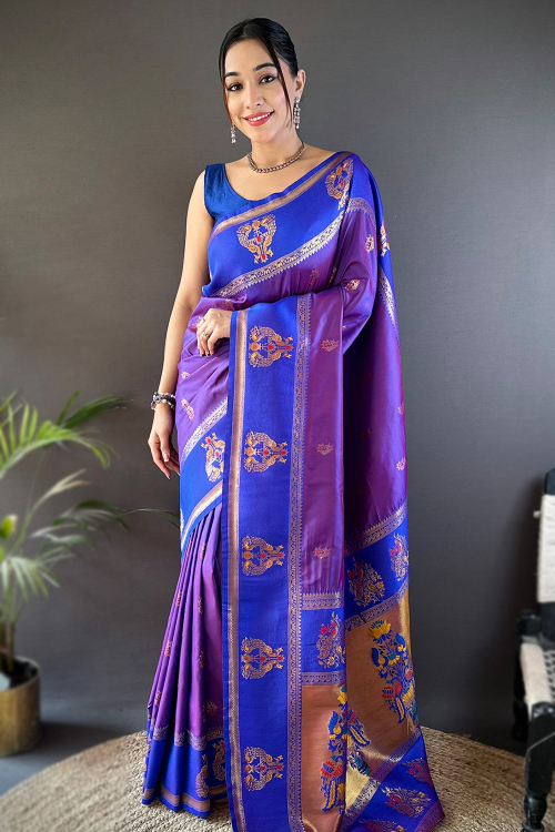Violet Purple Art Silk Broad Border Saree With Weaved Work