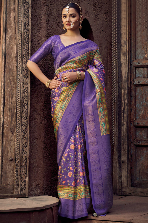 Violet Purple Art Silk Saree With Printed Work For Festival