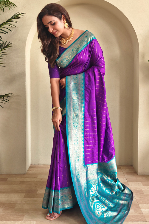 Violet Purple Art Silk Saree With Weaved Work For Festival