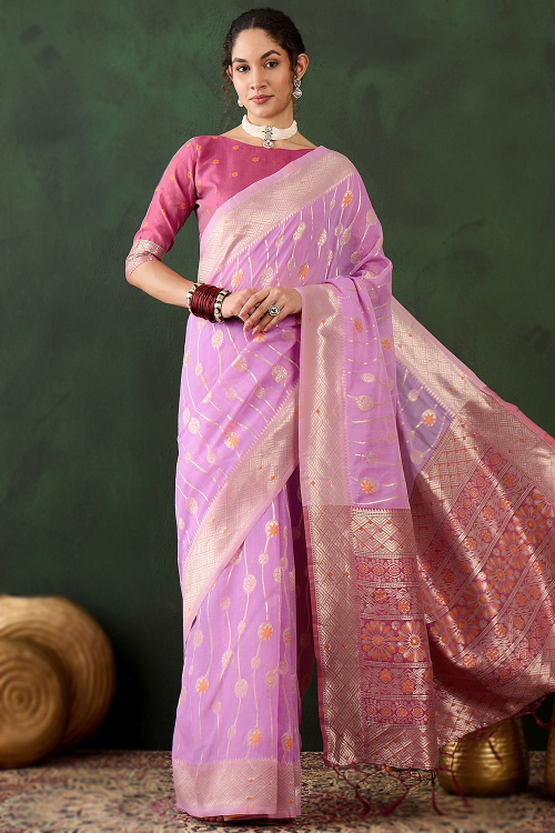 Violet Purple Casual Wear Weaved Zari Lightweight Cotton Saree 