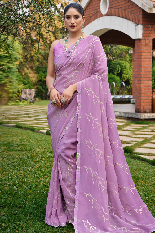 Violet Purple Chiffon Embroidered Shimmer Saree 