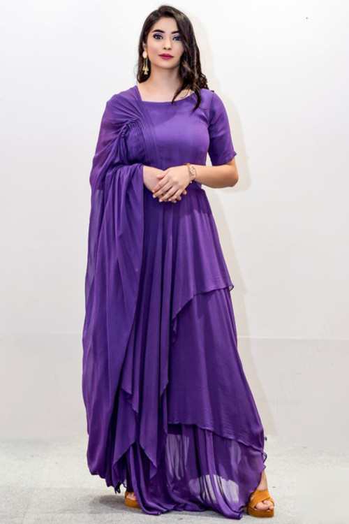 Violet Purple Chiffon Indo-Western Style Gown for Eid