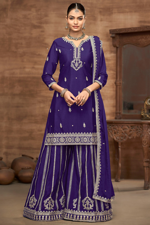 Violet Purple Chinnon Sharara Suit With Zari Work 