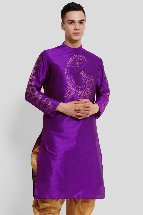 Violet Purple Dupion Silk Foil Printed Straight Cut Kurta
