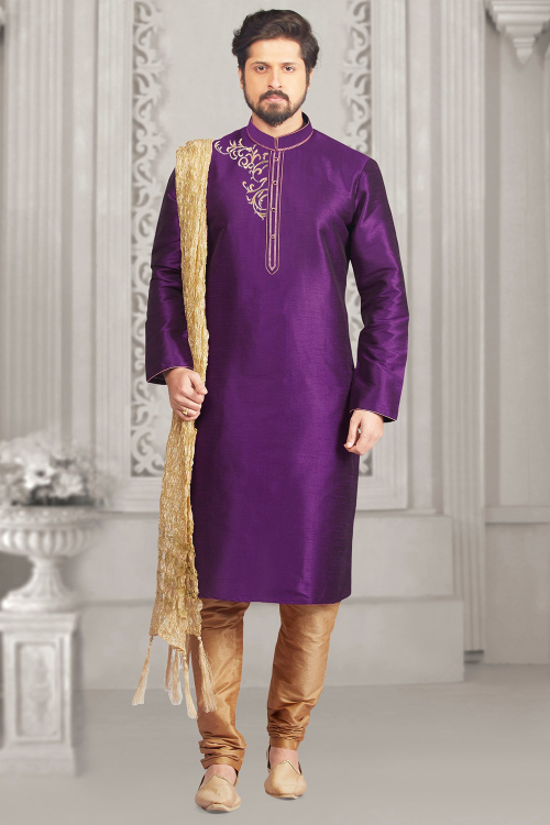 Violet Purple Dupion Silk Men's Kurta Churidar With Zari Work