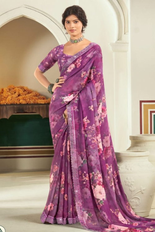 Violet Purple Georgette Saree With Printed Work For Festival