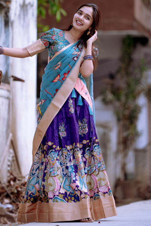 Violet Purple Kalamkari Printed Cotton Flared Lehenga