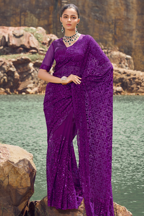 Violet Purple Net Embroidered Light Weight Saree