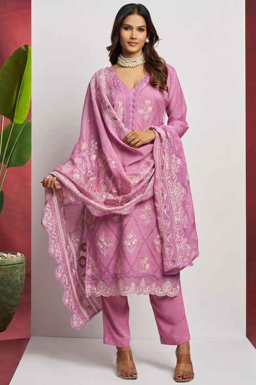 Violet Purple Organza Embroidered Straight Cut Trouser Suit 