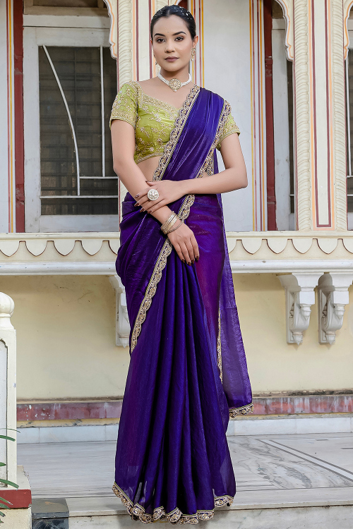 Violet Purple Organza Saree with Pearl Work for Diwali