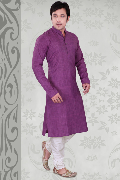 Violet Purple Plain Poly Cotton Straight Cut Men's Kurta Churidar