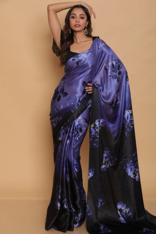 Violet Purple Satin Printed Saree