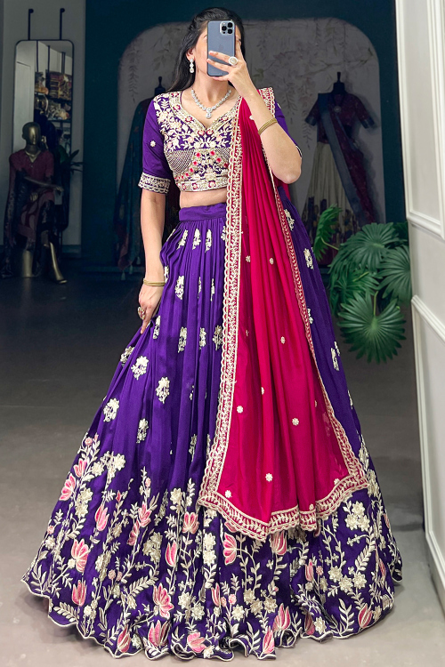 Violet Purple Silk Blend Lehenga With Zari Work For Diwali