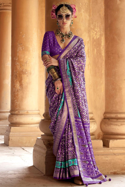 Violet Purple Silk Saree with Zari Work for Diwali Festive