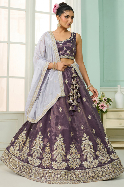 Violet Purple Tissue A Line Lehenga With Sequins Work