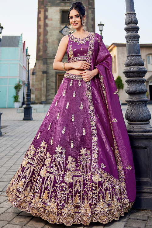 Violet Purple Tissue Embroidered Lehenga For Wedding