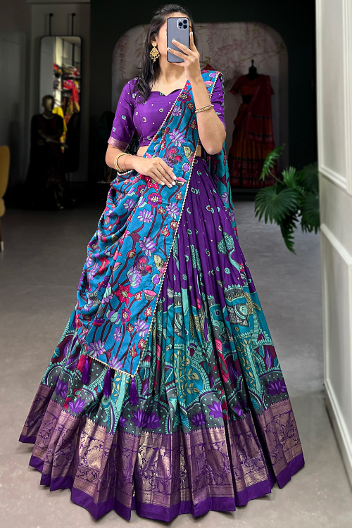 Violet Purple Tussar Silk Lehenga With Zari Work For Diwali