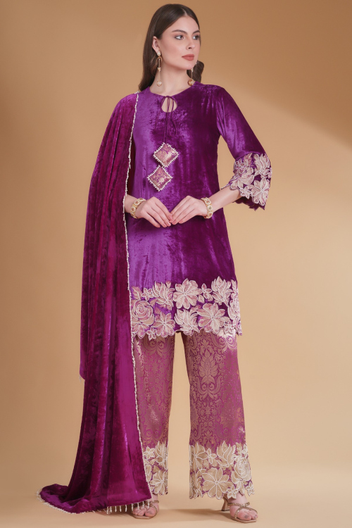 Violet Purple Velvet Straight Pants Suit With Floral Embroidery 