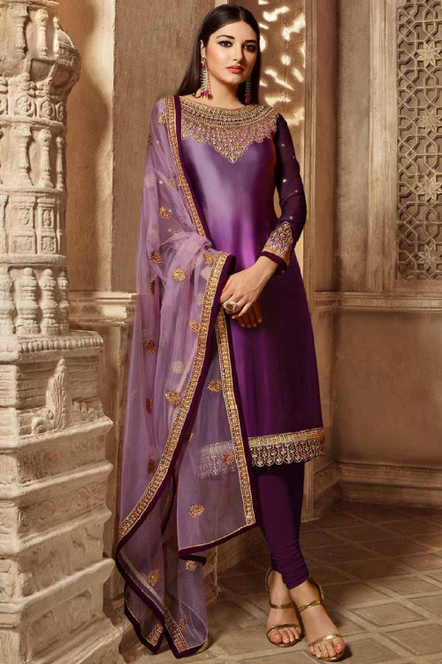 Violet Silk Churidar Suit With Resham Embroidered