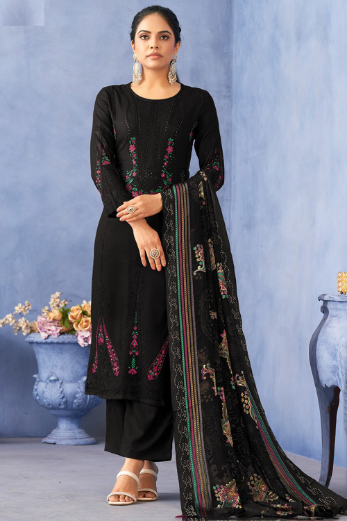 Viscose Black Stone Embroidered Straight Cut Suit 