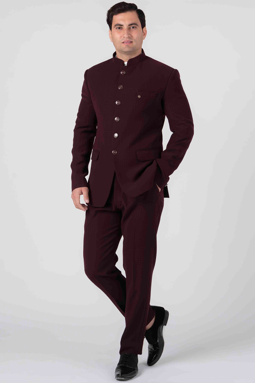 Viscose Dark Maroon Plain Jodhpuri Style Men's Coat Pant