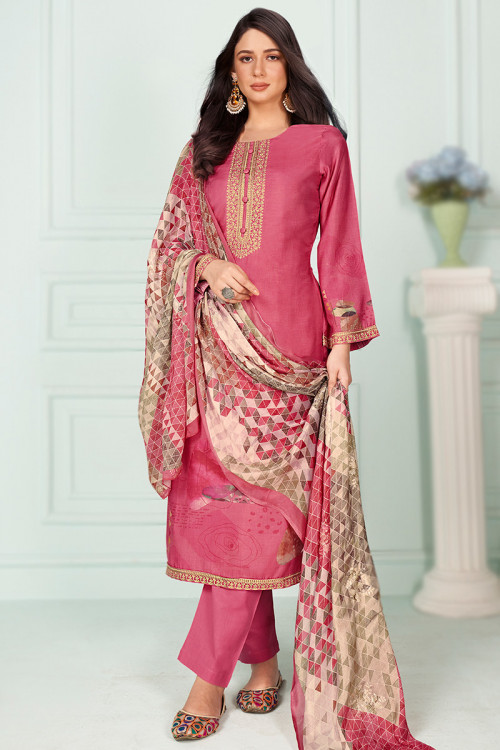 Viscose Dori Embroidered Punch Pink Straight Cut Suit 