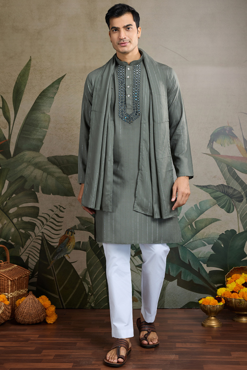 Viscose Greenish Grey Embroidered Men's Kurta Pajama