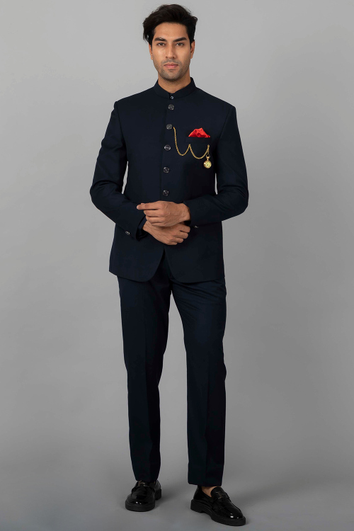 Viscose Jodhpuri Style Plain Men's Navy Blue Coat Pant