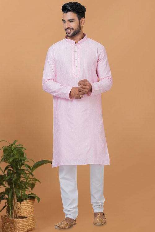 Viscose Light Pink Embroidered Straight Cut Men's Kurta Churidar