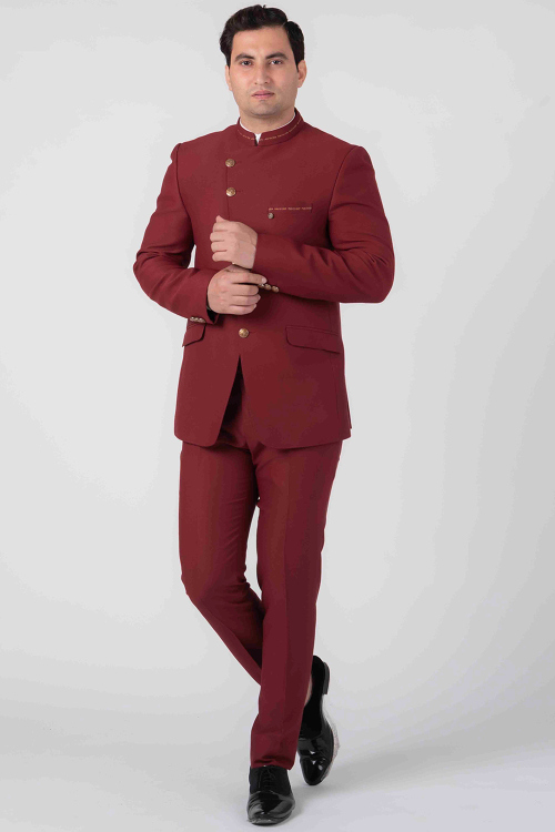 Viscose Maroon Jodhpuri Style Plain Men's Coat Pant