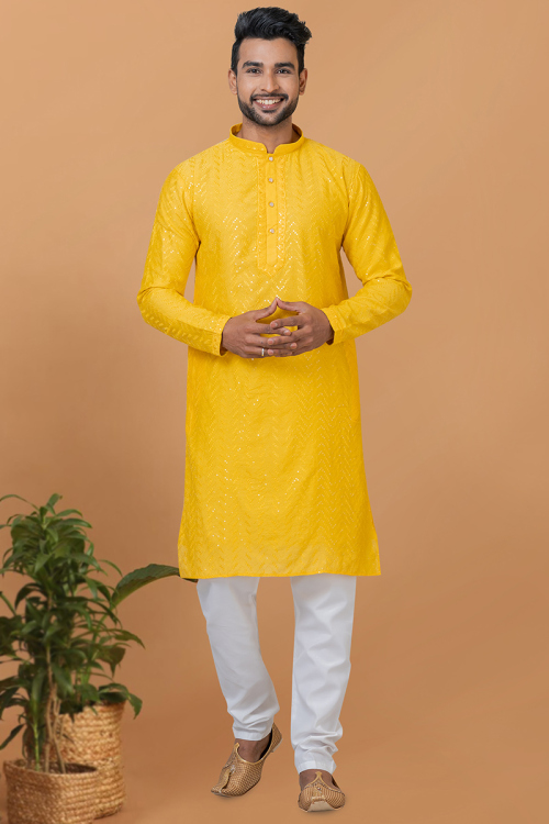 Mustard Yellow Resham & Sequin Kurta Churidar for Men