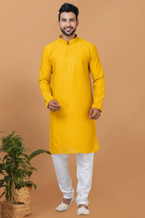Viscose Mustard Yellow Embroidered Straight Cut Men's Kurta Churidar