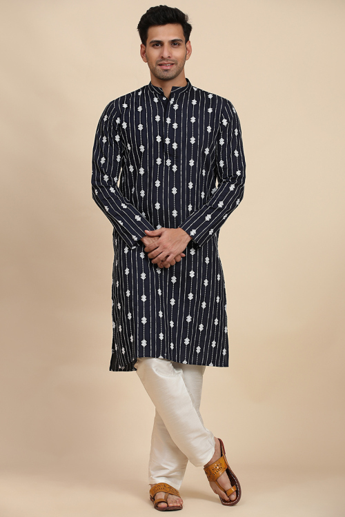 Viscose Navy Blue Embroidered Straight Cut Men's Kurta Pajama