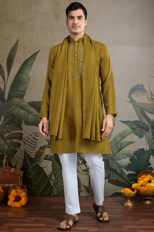 Viscose Olive Brown Embroidered Men's Kurta Pajama