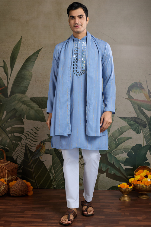 Viscose Rayon Light Blue Embroidered Men's Kurta Pajama 