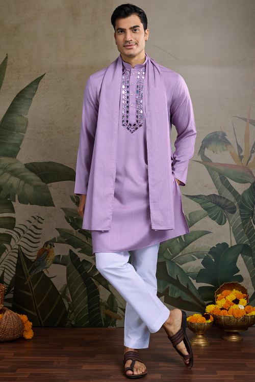 Viscose Rayon Light Purple Embroidered Men's Kurta Pajama 