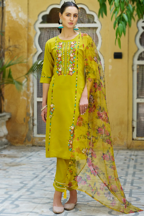 Viscose Rayon Pear Green Embroidered Ready Made Straight Cut Trouser Suit