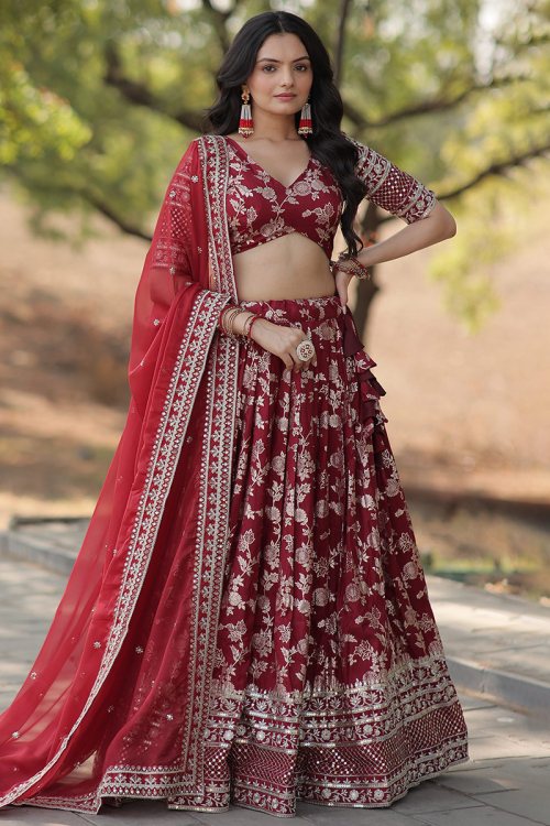 Viscose Wine Maroon Woven Zari Flared Style Lehenga