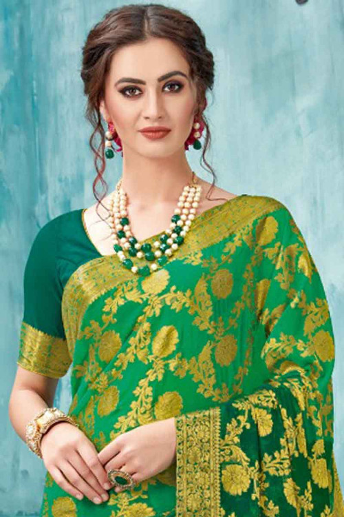 Buy Vivid Green Banarasi Silk Saree With Silk Blouse Online - SARV01589 ...