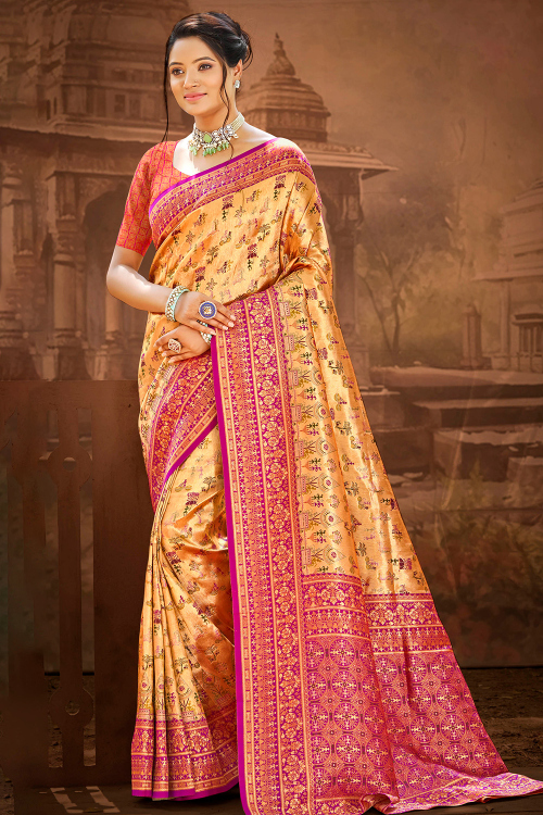 Weaved Art Silk Light Orange Banarasi Style Saree