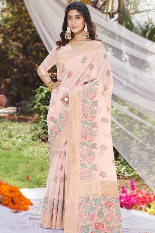 Weaved Cotton Creamy Pink Casual Wear Saree
