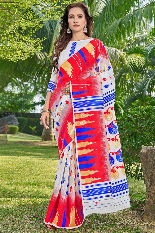 Weaved Cotton Silk White Saree For Casual Wear 