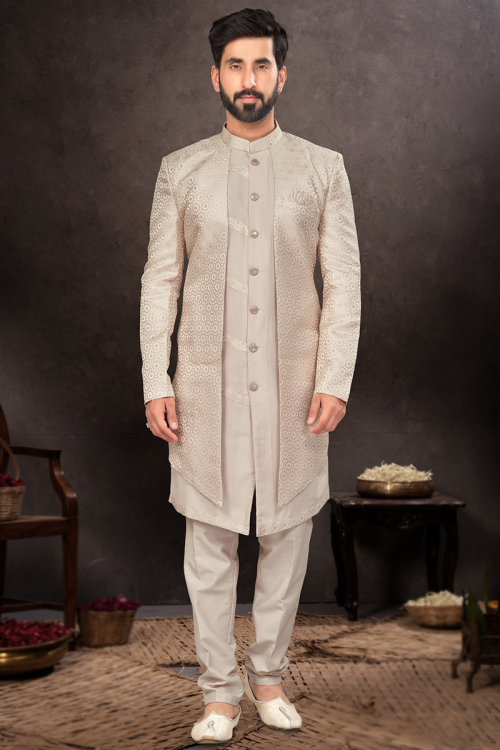 Weaved Cream Beige Silk Jacket Style Men's Sherwani 
